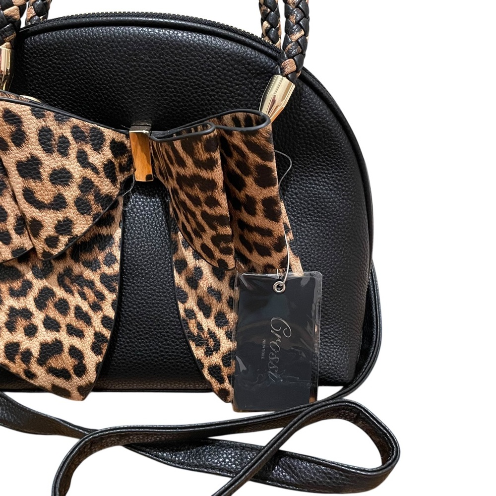 Crossi Like Dreams Leopard Top Handle Small Bow Handbag Crossbody Black Brown - Picture 5 of 11